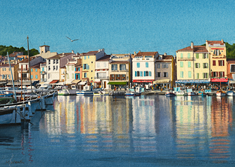 A watercolour painting of Cassis Harbour, France on a summer evening by Margaret Heath RSMA.